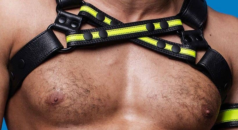 man chest leather black yellow harness