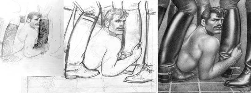 Tom of Finland naked man on floor holding leather boots stages pencil drawing