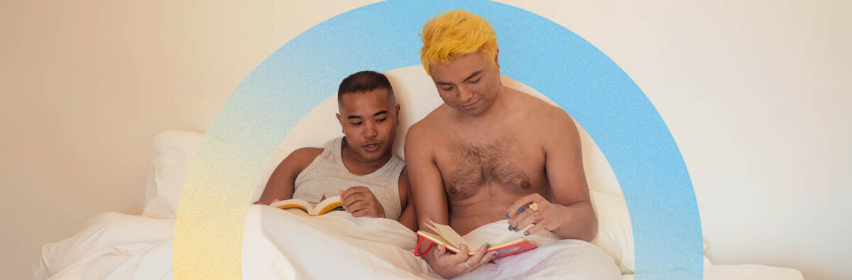 Asian couple read books in bed with blue yellow circle around