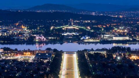 Canberra city scape and parliament house at night