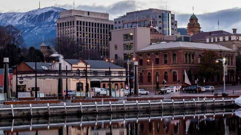 Hobart skyline with snow capped hills in the background