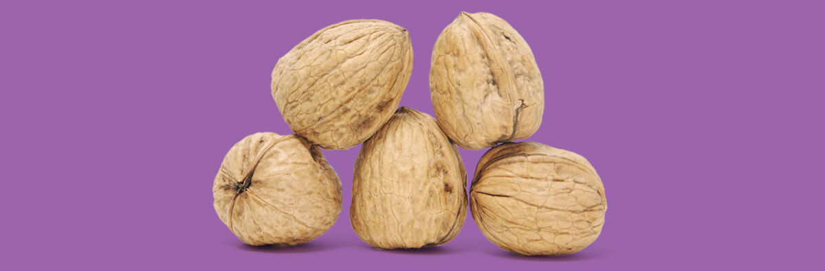 Five walnuts on purple background