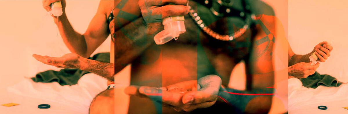 Orange exposed collage of man with harness squeezing lube into hand