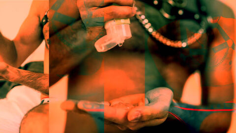 Orange exposed collage of man with harness squeezing lube into hand