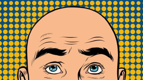 Bald cartoon man on yellow blue pop art background
