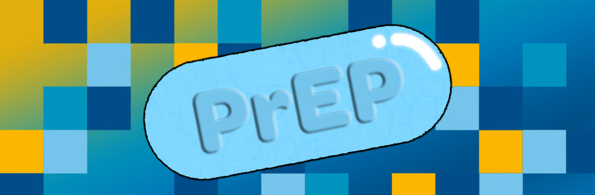 blue PrEP pill on checkered gradient blue yellow background