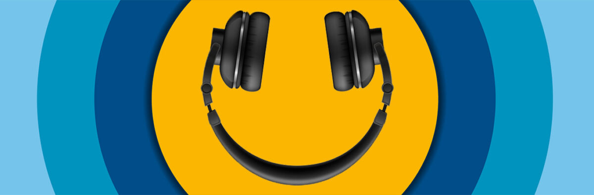 headphones upside down on yellow circle logo background