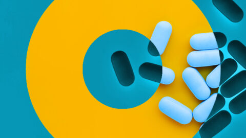 PrEP pills on yellow and blue background with circles focussing on missing a pill