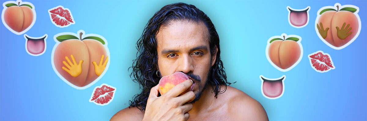 Brown man eating peach with peach and tounge emojis on blue background