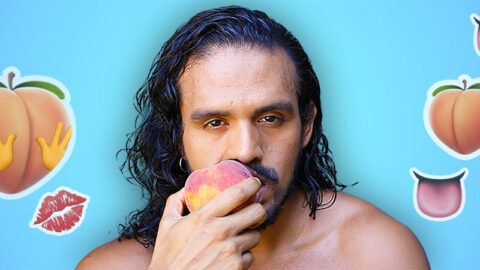 Brown man eating peach with peach and tounge emojis on blue background