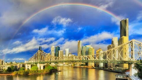 rainbow over brisbane city australia