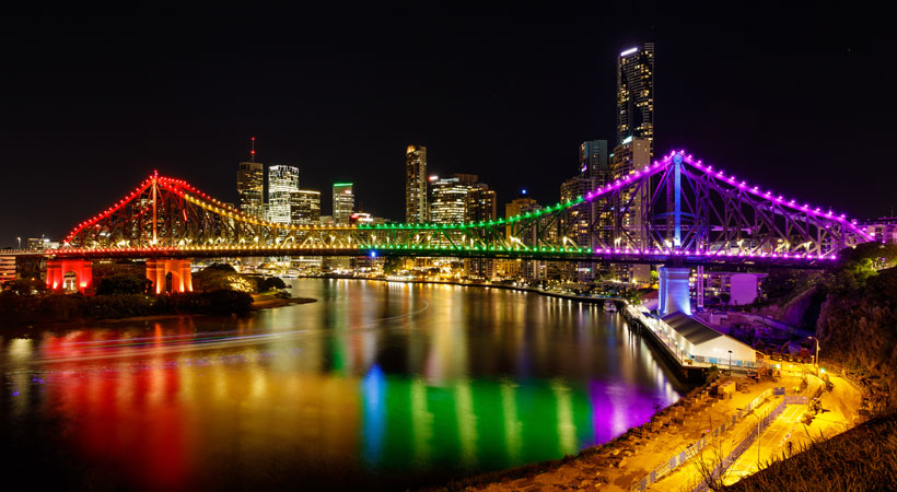 story bridge lit up in rainbow lights brisbane australia