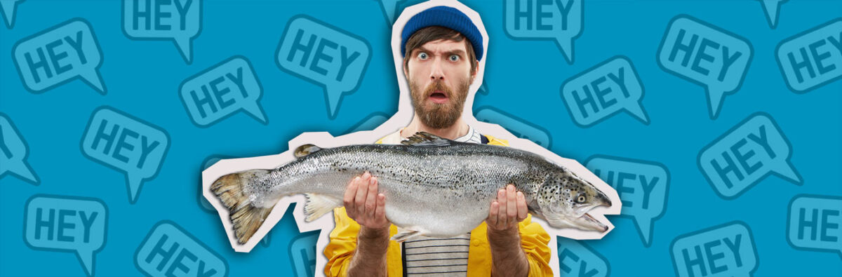 surprised man holds up large fish with speech bubbles in background to show catfishing