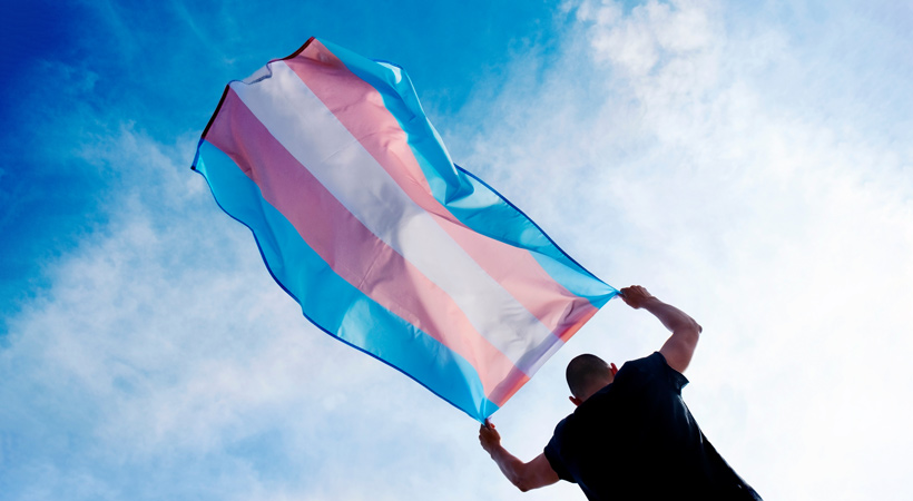 Person holds transgender flag up in the air against sky background