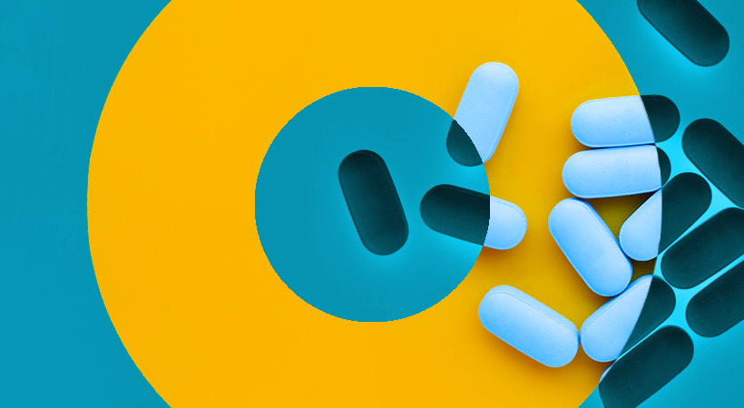 PrEP pills on yellow and blue background with circles