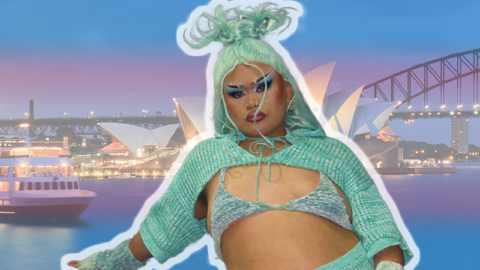 bluberrybakla in blue outfit with sydney harbour trans flag background