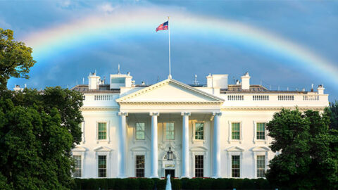 The White House in Washington DC at Night with Rainbow