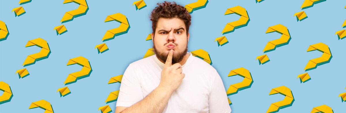 bearded-man-in-white-t-shirt-confused-on-blue-background-with-yellow-question-marks