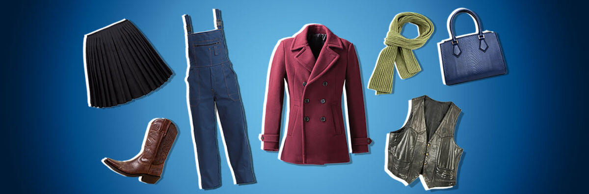 Collection of winter clothes on a blue gradient background