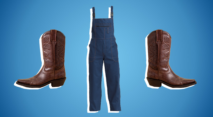 Overalls and cowboy boots on a blue background