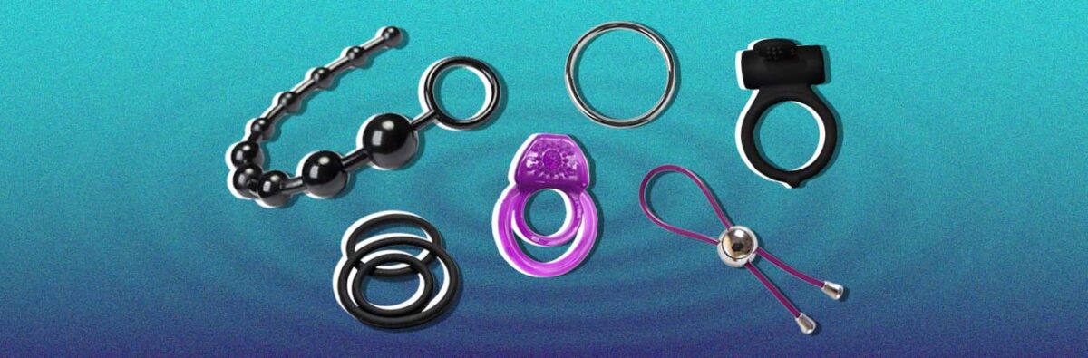 Six colourful cock rings on blue ripple background