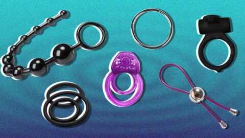 Six colourful cock rings on blue ripple background