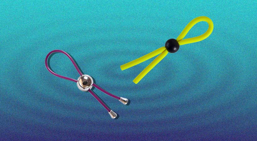 Two colourful lasso cock rings on blue ripple background