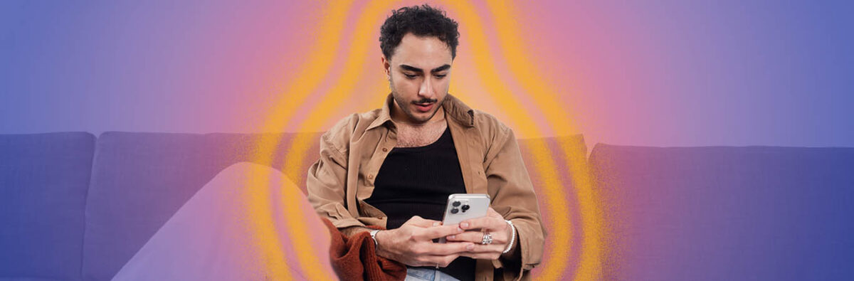 Arabic person looks surprised at phone on blue purple background