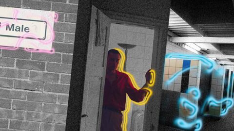 Black and white collage of bathrooms and man with highlighted features