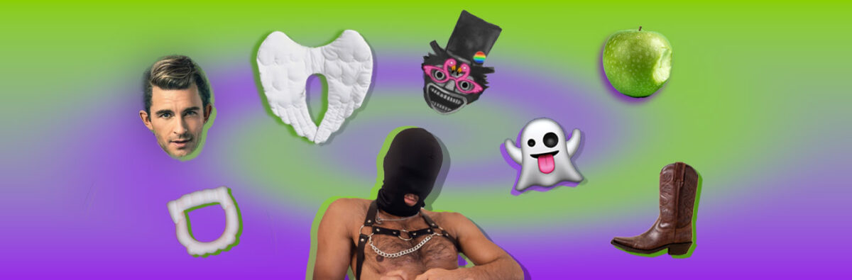 Green and purple swirl collage of halloween costumes