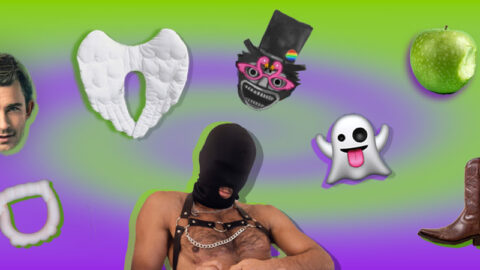 Green and purple swirl collage of halloween costumes