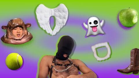 collage-of-gay-halloween-outfits-on-green-and-purple-swirl