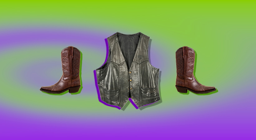 Leather boots and vest on green and purple swirl