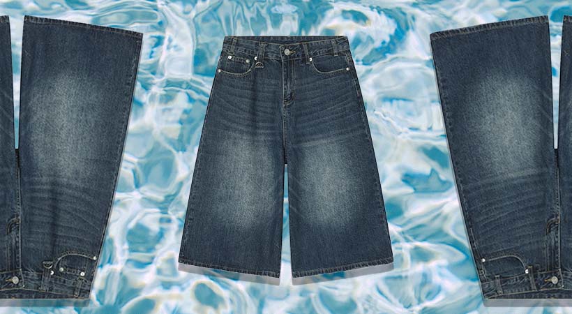 Three pairs of jorts on water background