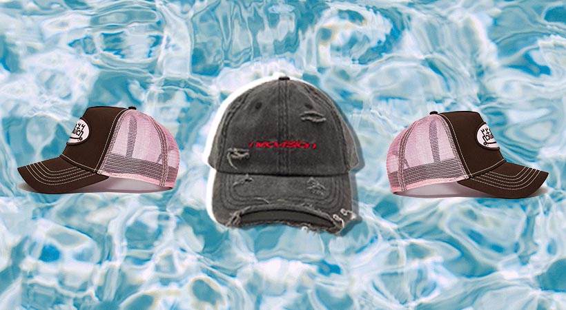 Three y2k hats on water background