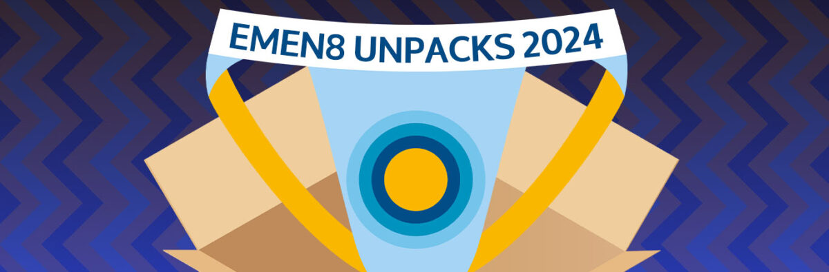 Blue and yellow Emen8 branded jockstrap, in cartoon box, on textured wrapping paper background