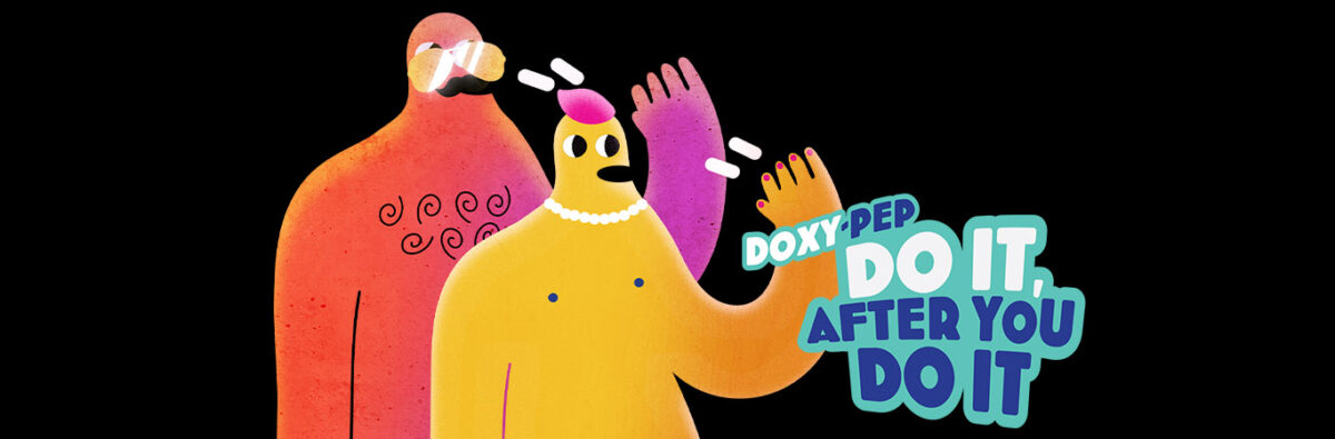 Red and yellow figures take Doxy-PEP, with blue typography