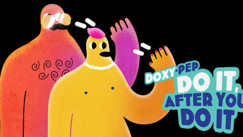 Red and yellow figures take Doxy-PEP, with blue typography