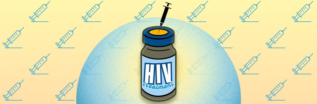 HIV treatment vial on blue and yellow injection background
