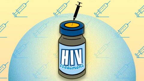 HIV treatment vial on blue and yellow injection background