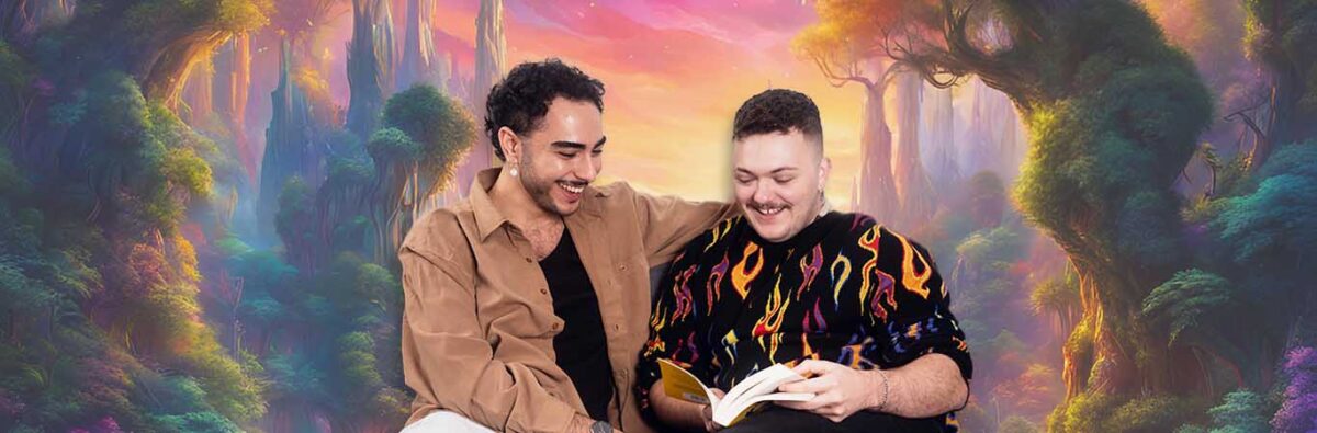 Middle eastern couple smiling at book on a fantasy background