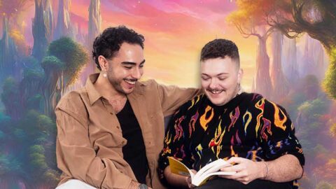 Middle eastern couple smiling at book on a fantasy background
