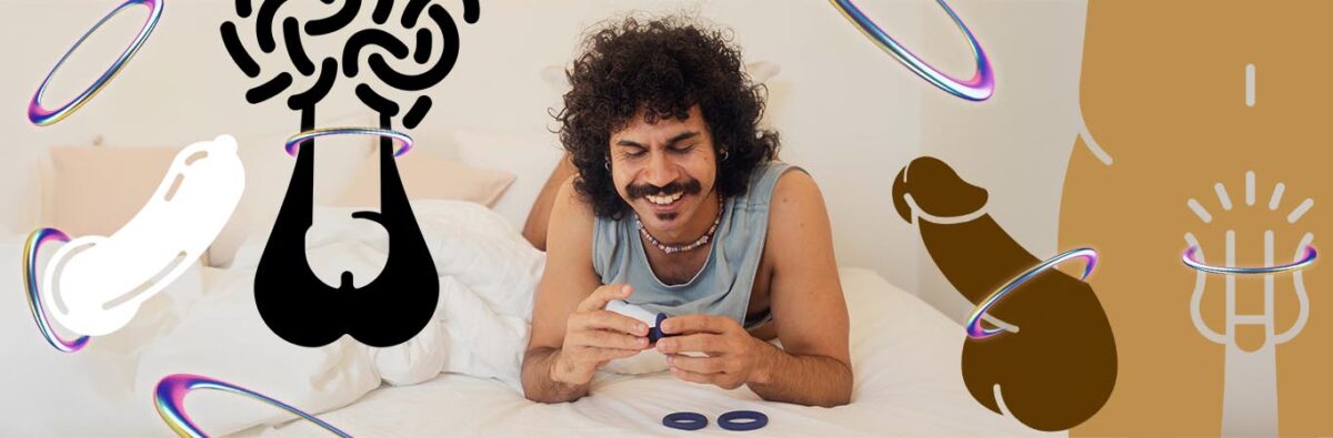 First Nations man holding cock rings on bed, cartoon penis' and rings in background
