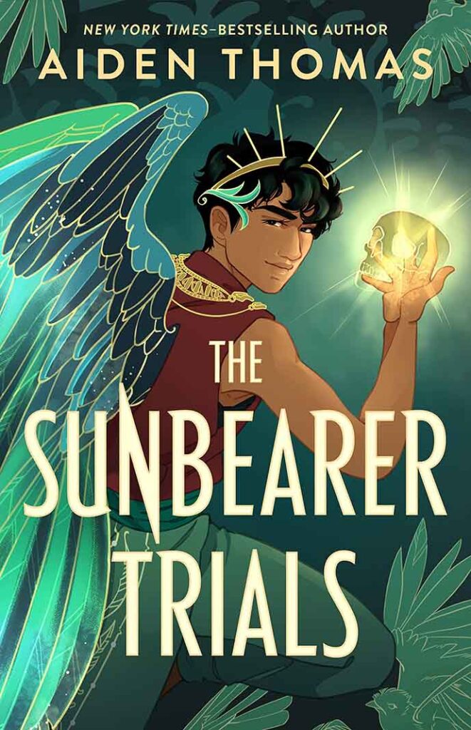 Book cover of The Sunbearer Trials, animated latino man with green wings holding golden skull