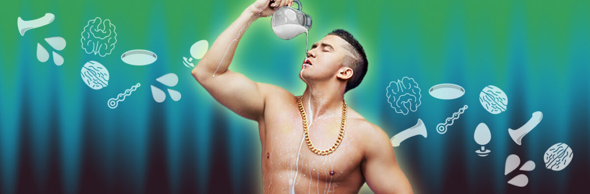 attractive muscular young man taking a bath with milk on green and white button background