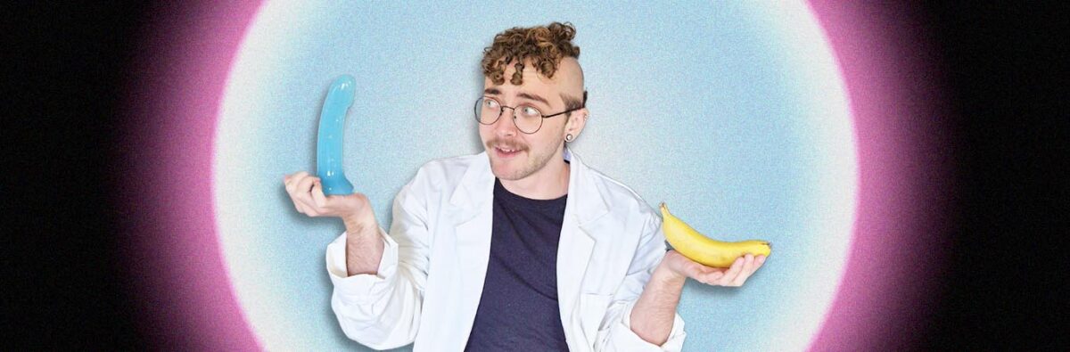 White transmasc person in white coat holding banana and dildo on blue and pink circle