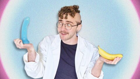 White transmasc person in white coat holding banana and dildo on blue and pink circle