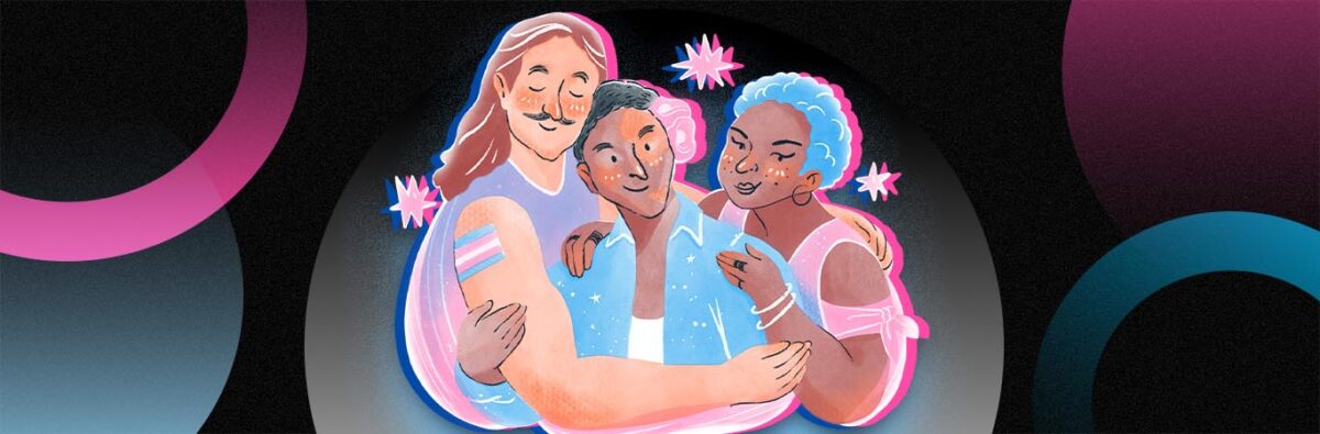Three cartoon trans people on black background with pink and blue circlular elements