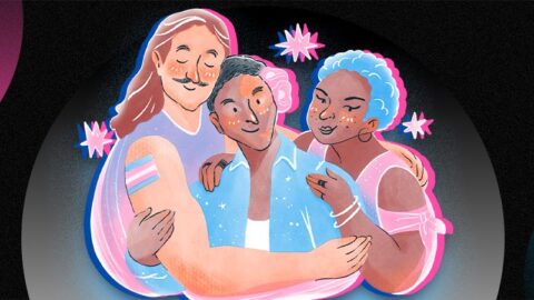 Three cartoon trans people on black background with pink and blue circlular elements