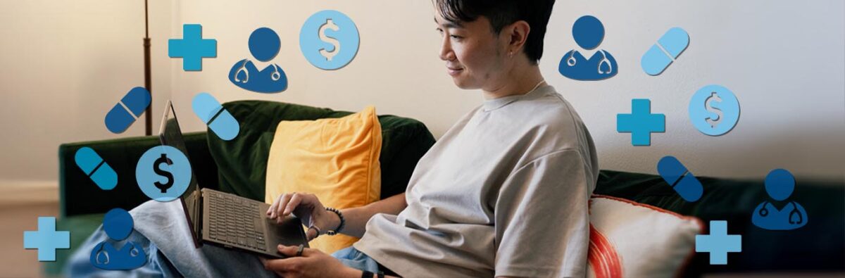 Chinese man on computer in living room with blue health icons floating